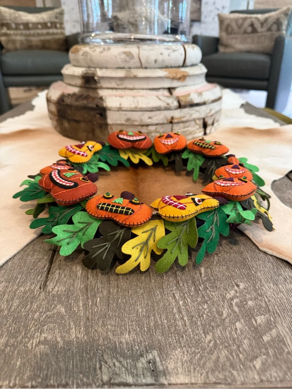 Pumpkin Felt Fall Halloween Wreath - Orange & Green